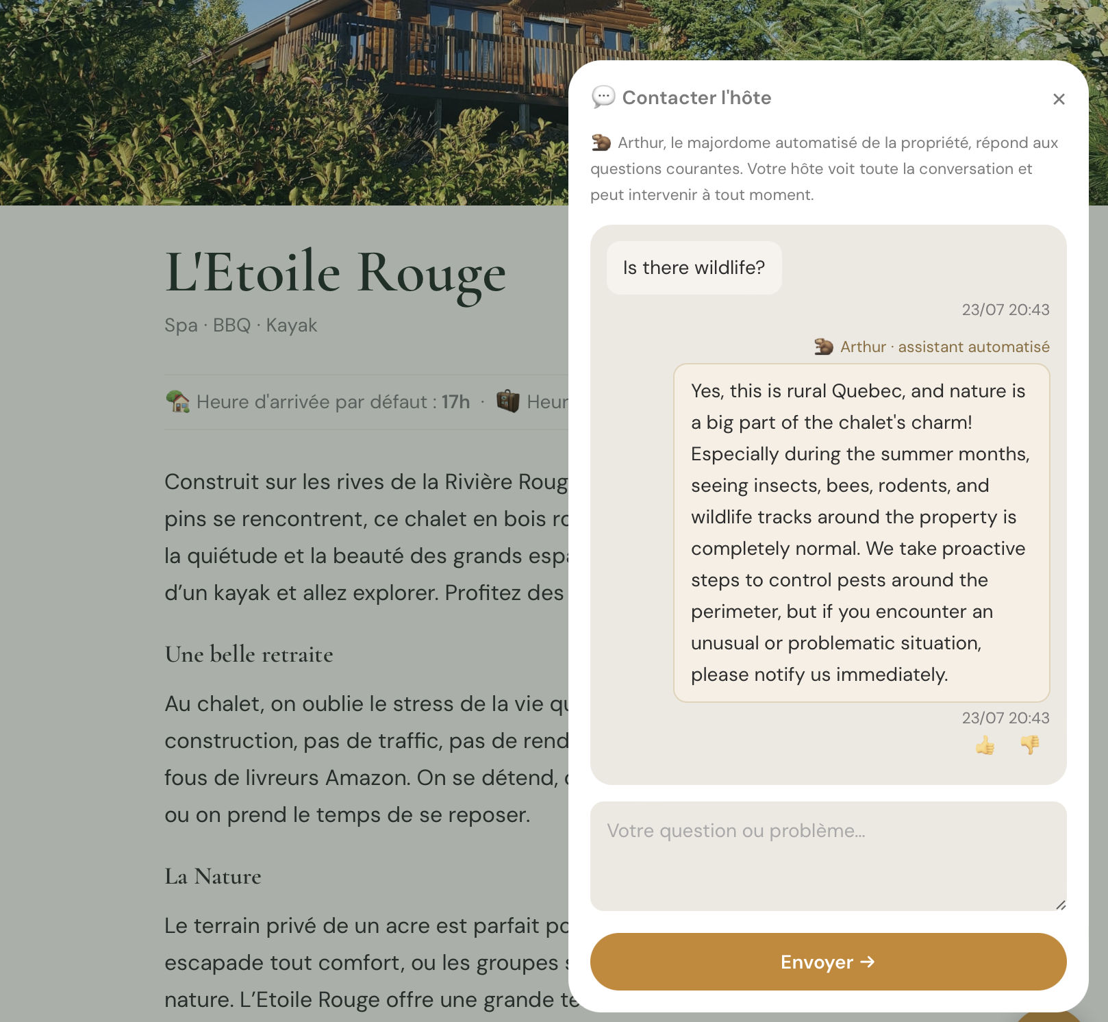 the floating chat bubble open on the property page, mid-conversation with a guest question and Arthur's answer arthur-chat-property-page