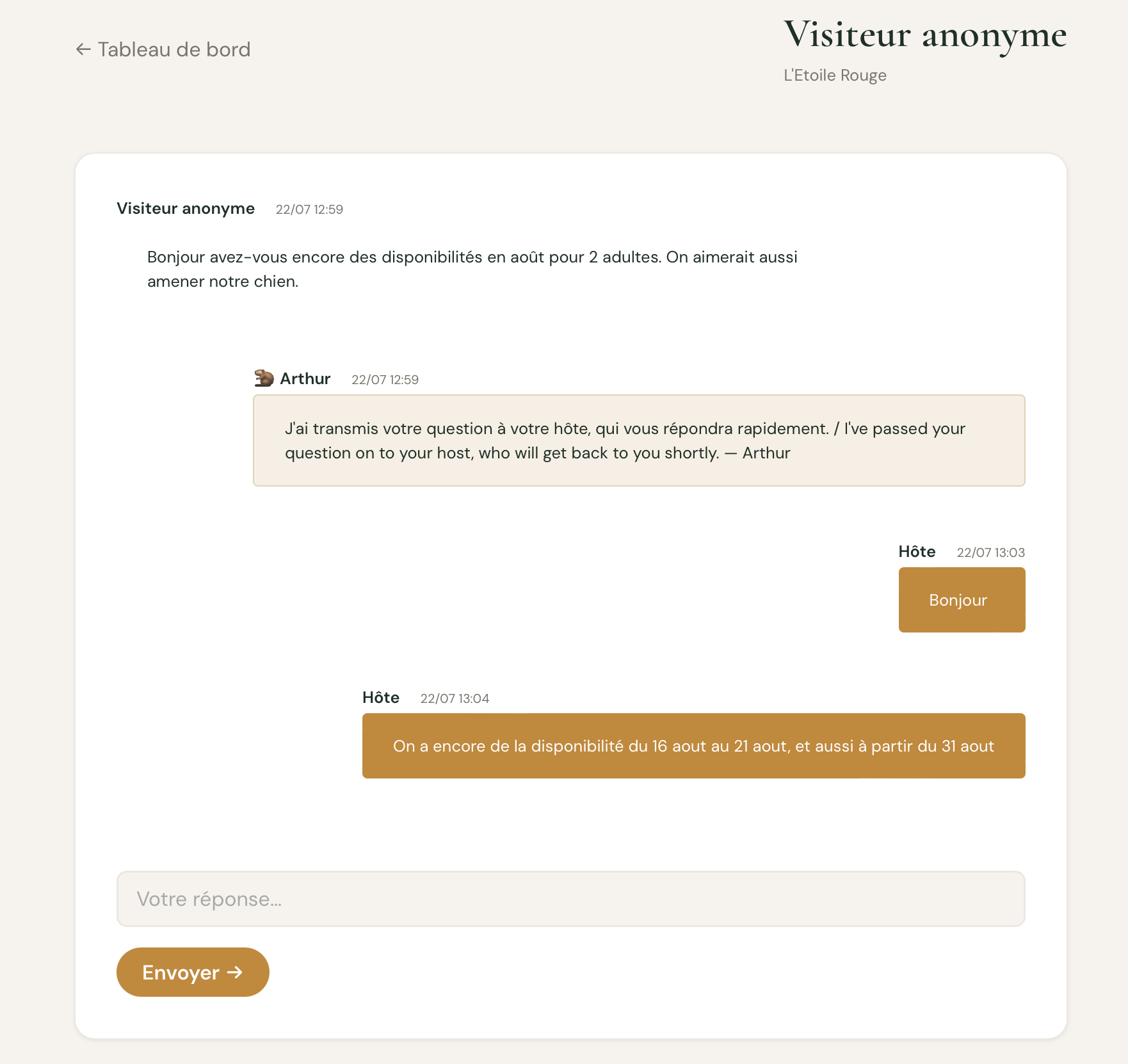 the host-side dashboard showing an escalated conversation with the transferred badge, next to the admin health panel arthur-escalation