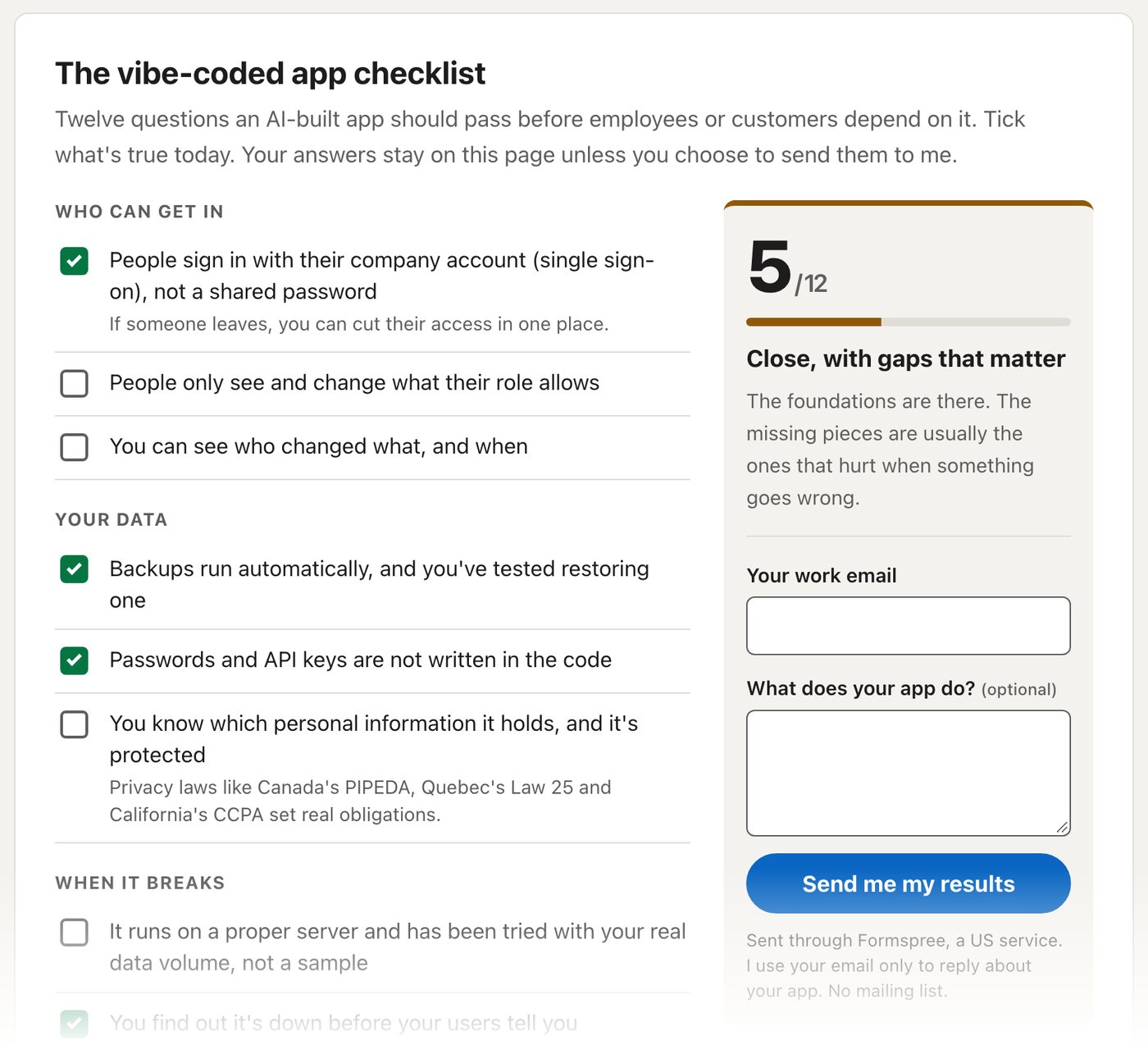 Tick the boxes and get your score: studiozenkai.com/vibe-coded-to-production-ready The vibe-coded app checklist on studiozenkai.com, with five of twelve boxes ticked and a score of 5/12: close, with gaps that matter